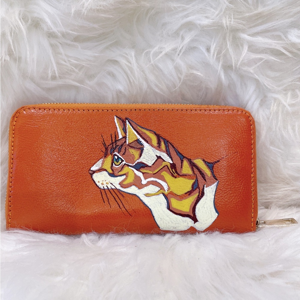 Hand painted orange cat wallet Italian leather